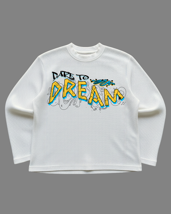 Dare to Dream Off-White Waffle Knit Oversized Full Sleeve T-Shirt | 240 GSM Cotton Graphic Tee