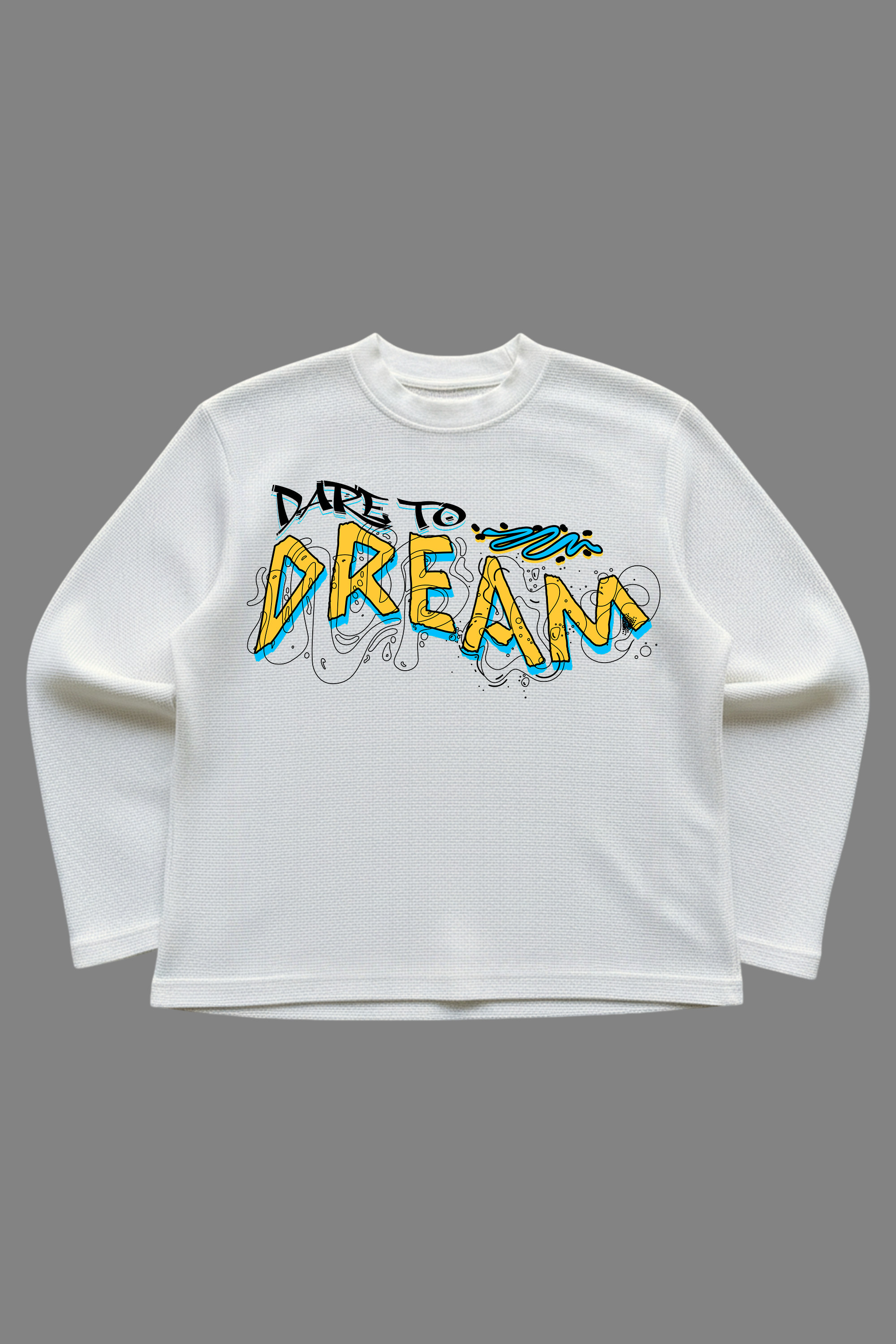 Dare to Dream Off-White Waffle Knit Oversized Full Sleeve T-Shirt | 240 GSM Cotton Graphic Tee