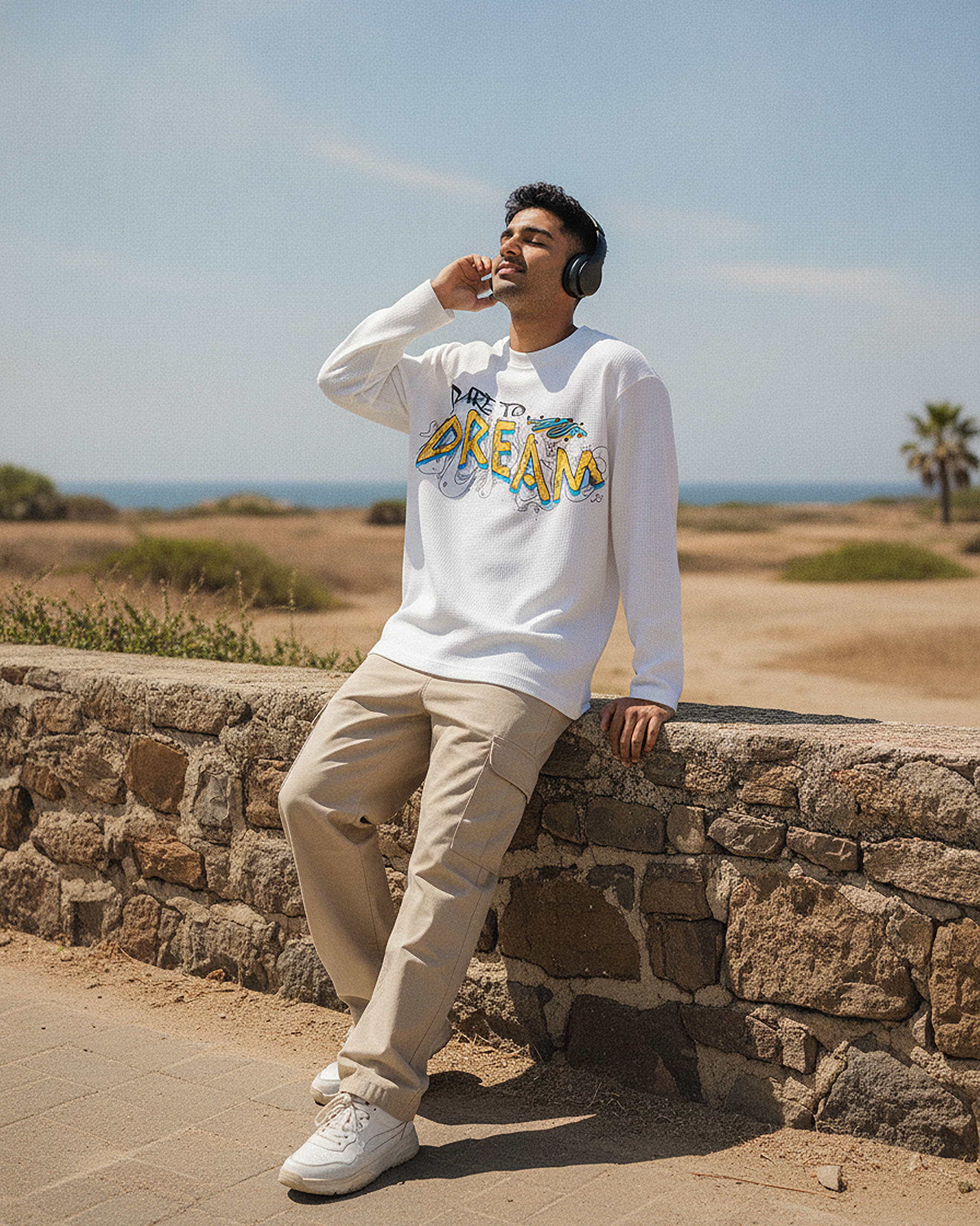 Dare to Dream Off-White Waffle Knit Oversized Full Sleeve T-Shirt | 240 GSM Cotton Graphic Tee