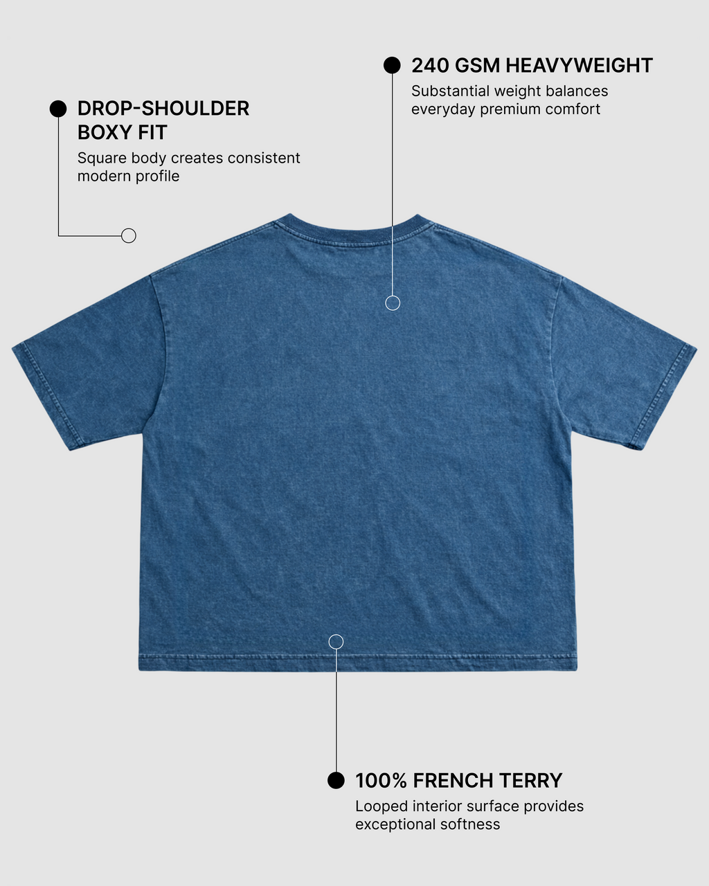 Denim Wash Boxy Fit T-Shirt | 240 GSM French Terry Cotton Boxy Fit Tee