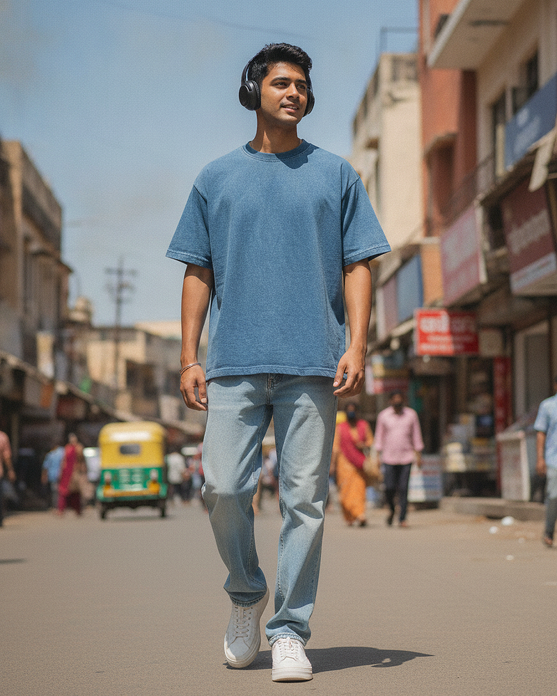 Denim Wash Boxy Fit T-Shirt | 240 GSM French Terry Cotton Boxy Fit Tee