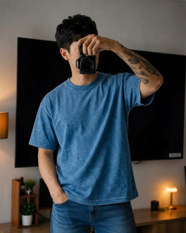 Denim Wash Boxy Fit T-Shirt | 240 GSM French Terry Cotton Boxy Fit Tee