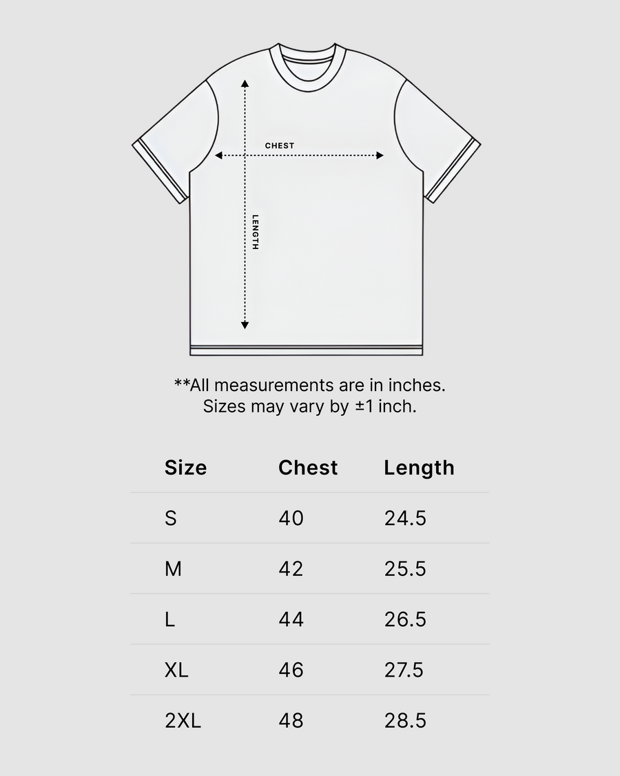 Astral Drift Graphic Boxy Fit T-Shirt | 240 GSM French Terry Denim Wash Graphic Tee Size Chart