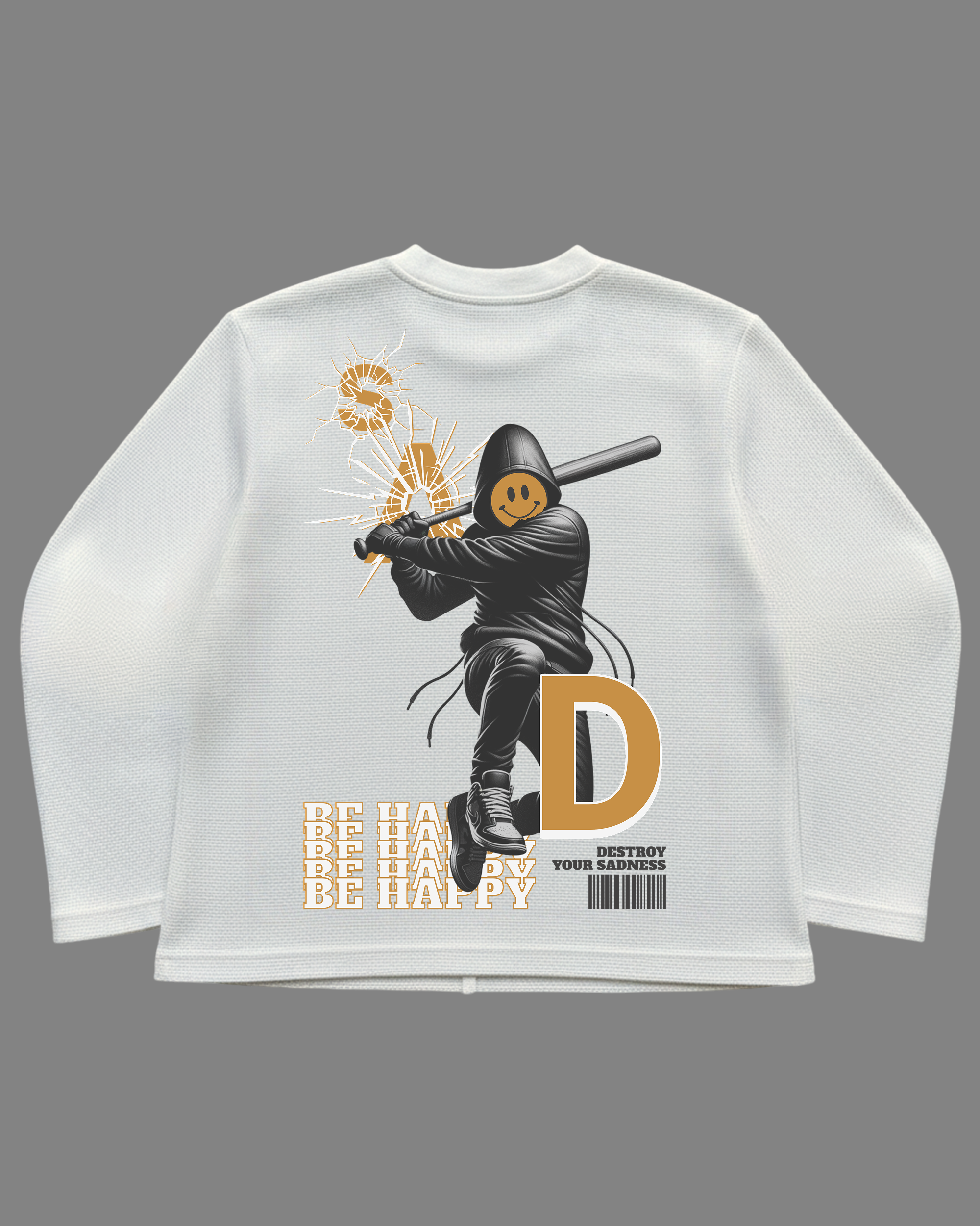 Destroy the Sadness Tee | 240 GSM Off-White Oversized Full-Sleeve Cotton Waffle Knit Graphic Tee