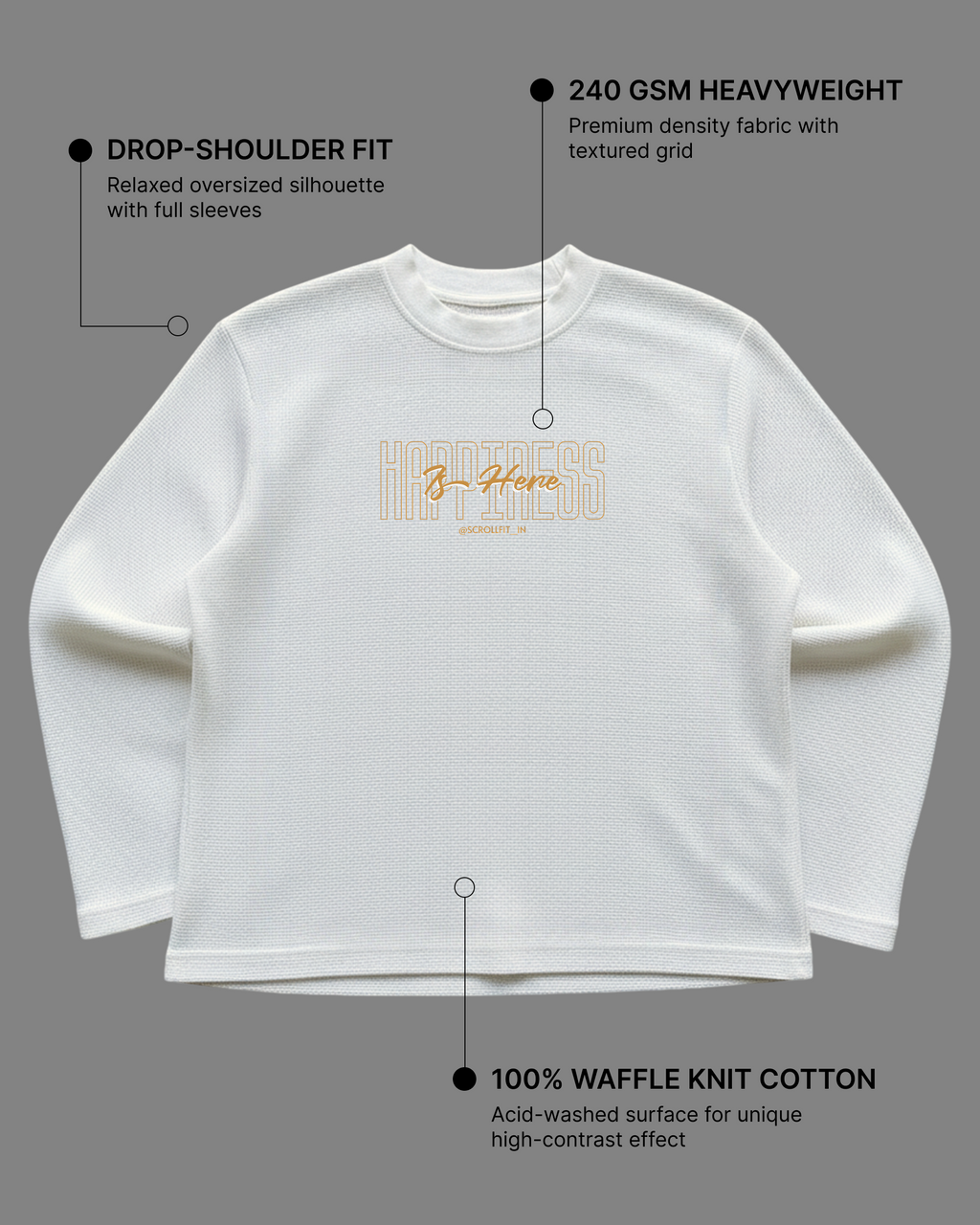 Destroy the Sadness Tee | 240 GSM Off-White Oversized Full-Sleeve Cotton Waffle Knit Graphic Tee