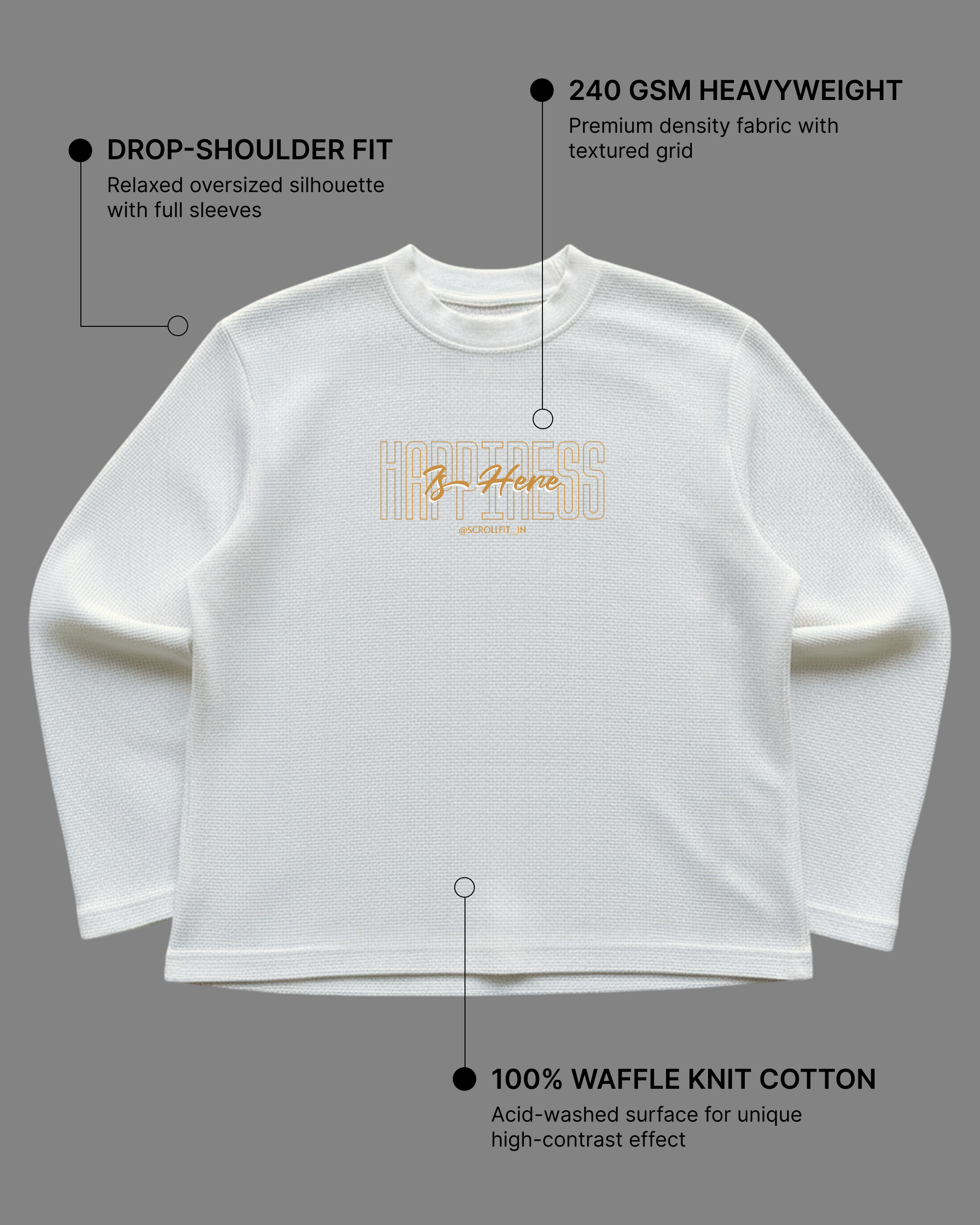 Destroy the Sadness Tee | 240 GSM Off-White Oversized Full-Sleeve Cotton Waffle Knit Graphic Tee