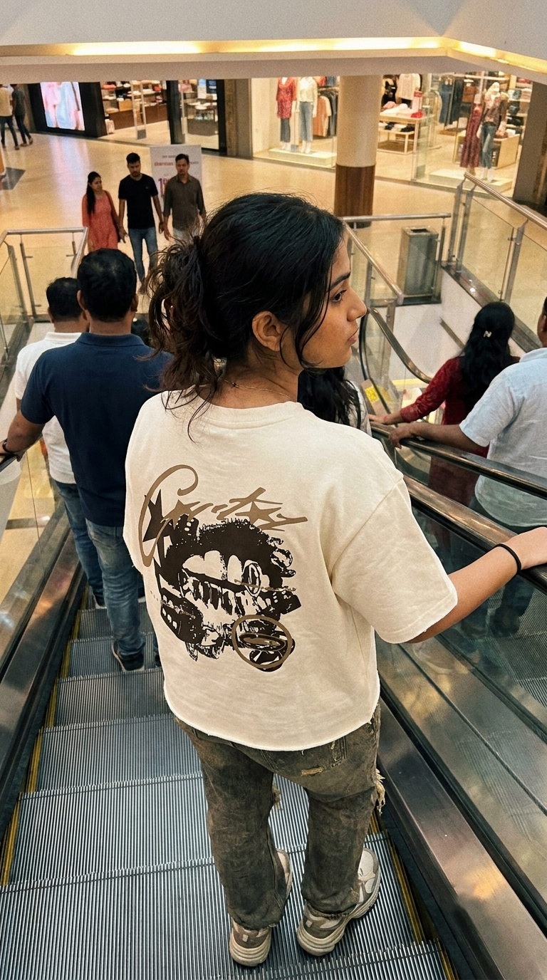 A person wearing a Scrollfit cream-colored graphic t-shirt with a large black dragon design on the back, standing on an escalator in a shopping mall.