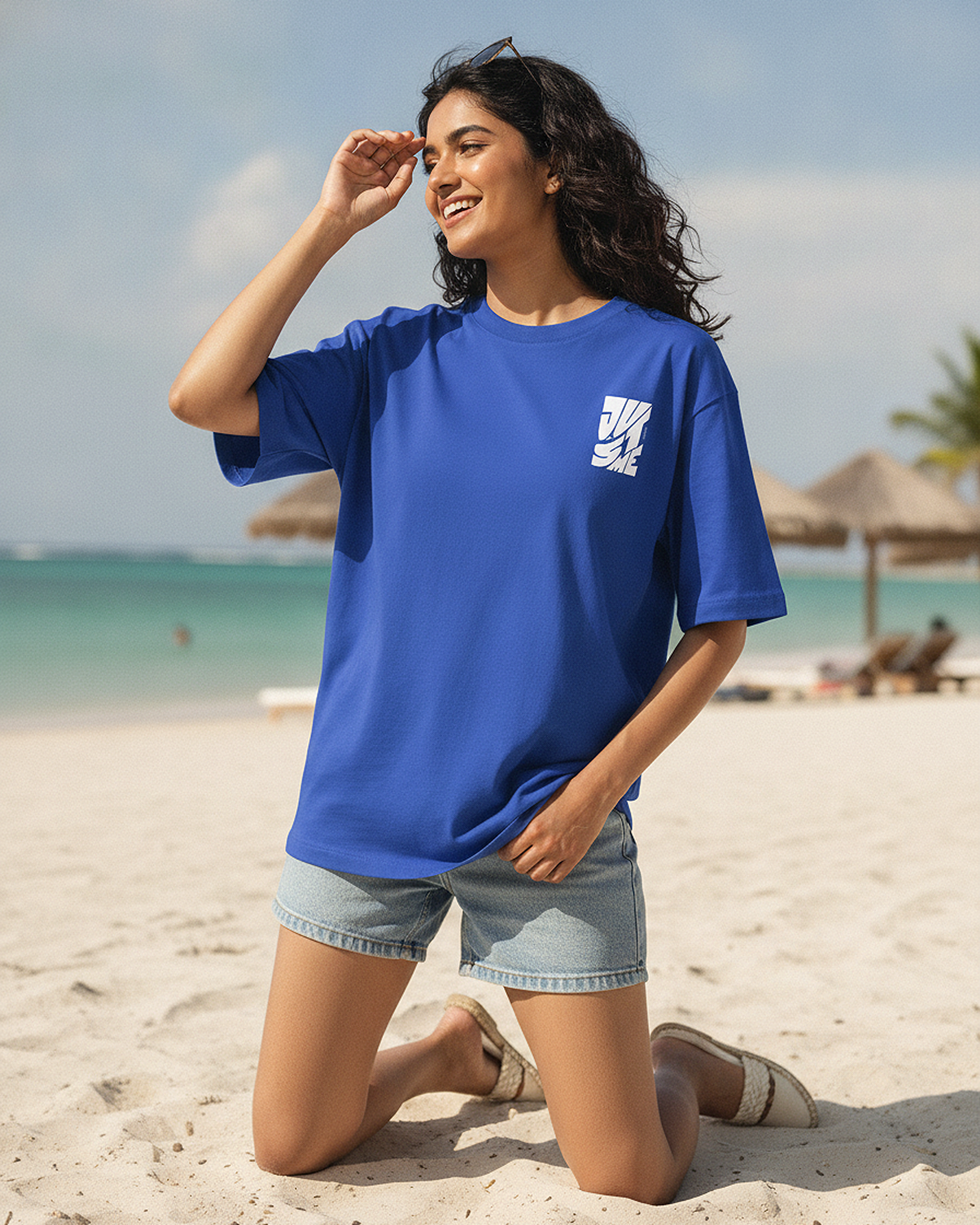 Just Me Blue Oversized T-Shirt | 240 GSM French Terry Cotton Graphic Tee