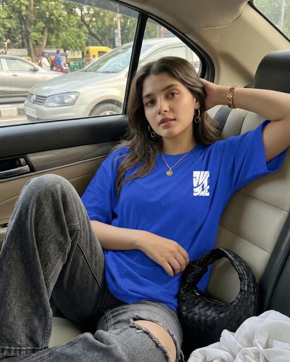 Just Me Blue Oversized T-Shirt | 240 GSM French Terry Cotton Graphic Tee