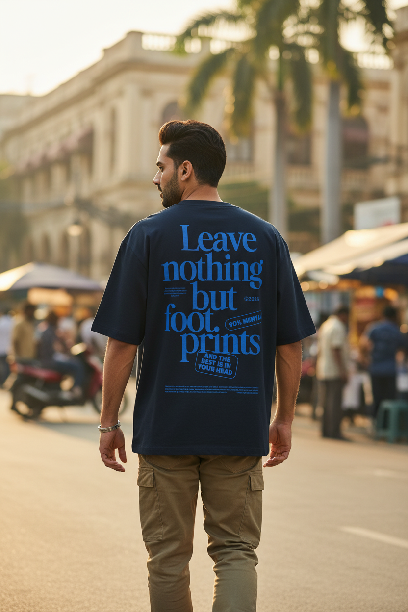 Man wearing a blue t-shirt with text walking on a street.