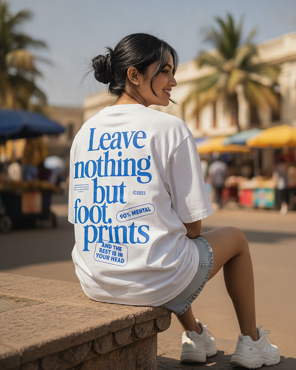 Leave Nothing But Footprints Off-White Oversized Tee | 240 GSM French Terry Cotton Graphic Tee