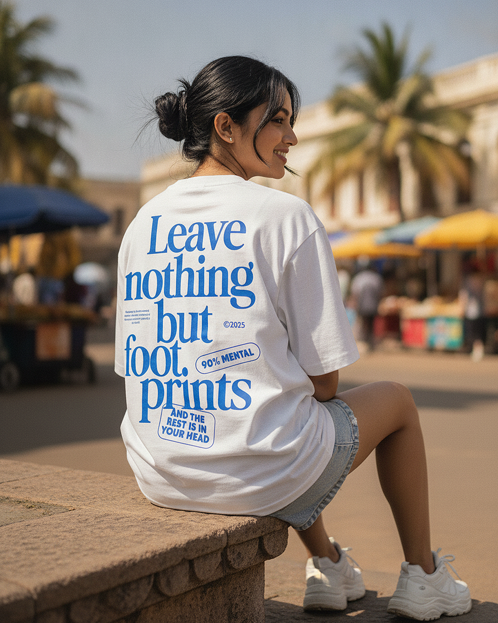 Leave Nothing But Footprints Off-White Oversized Tee | 240 GSM French Terry Cotton Graphic Tee