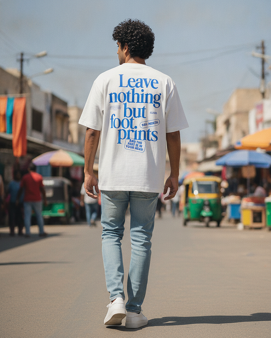 Leave Nothing But Footprints Off-White Oversized Tee | 240 GSM French Terry Cotton Graphic Tee