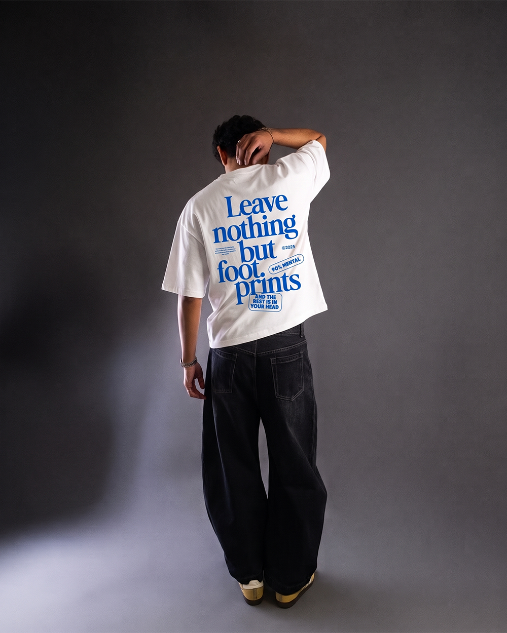 Leave Nothing But Footprints White Oversized Tee | 240 GSM French Terry Cotton Graphic Tee