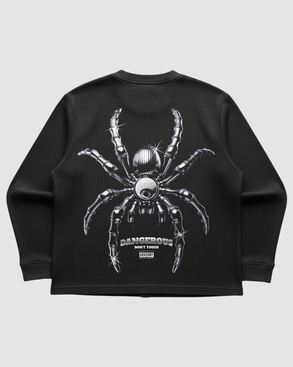 Look Quiet Spider Tee | 240 GSM Cotton Waffle Knit Black Oversized Full-Sleeve Graphic Tee