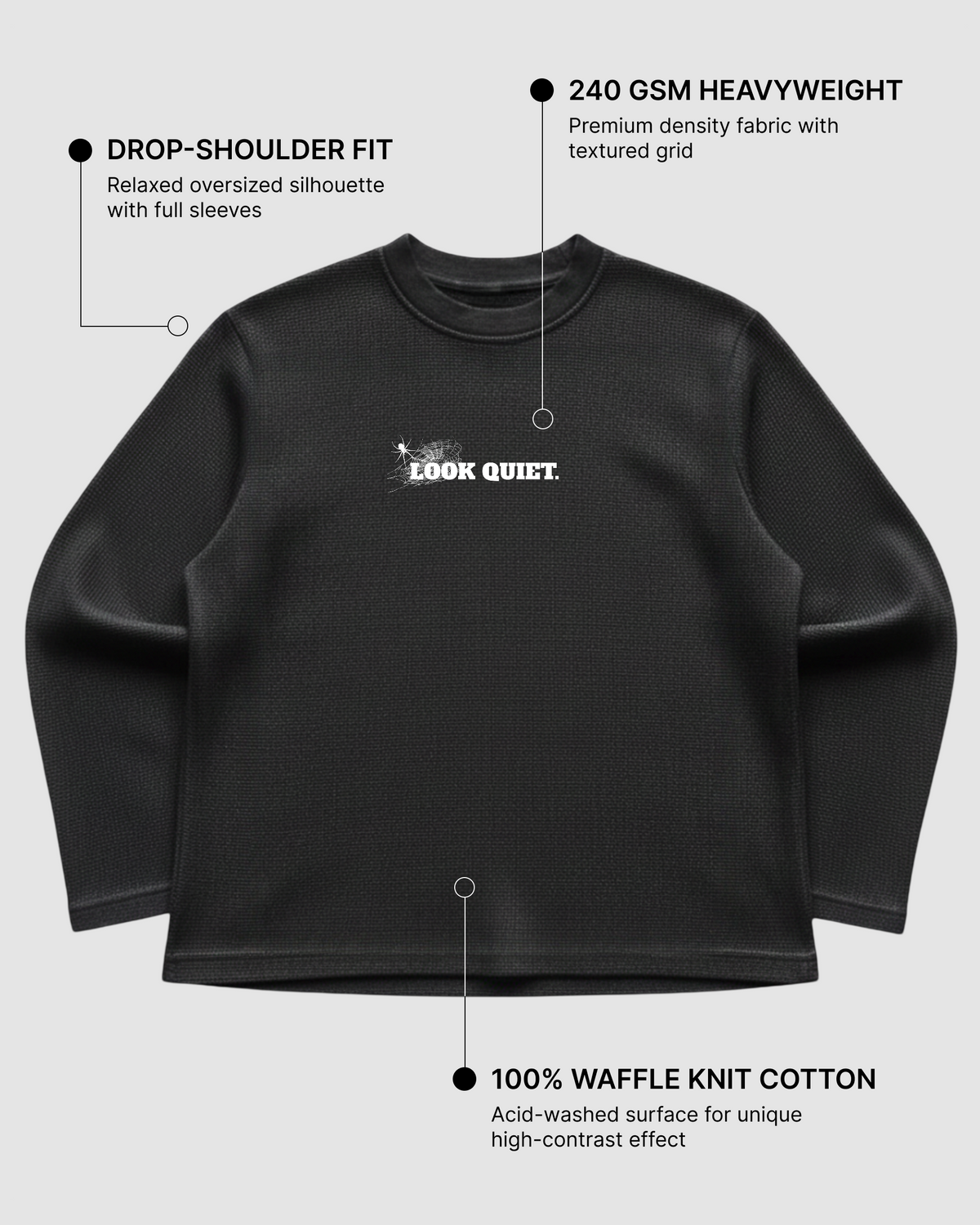 Look Quiet Spider Tee | 240 GSM Cotton Waffle Knit Black Oversized Full-Sleeve Graphic Tee