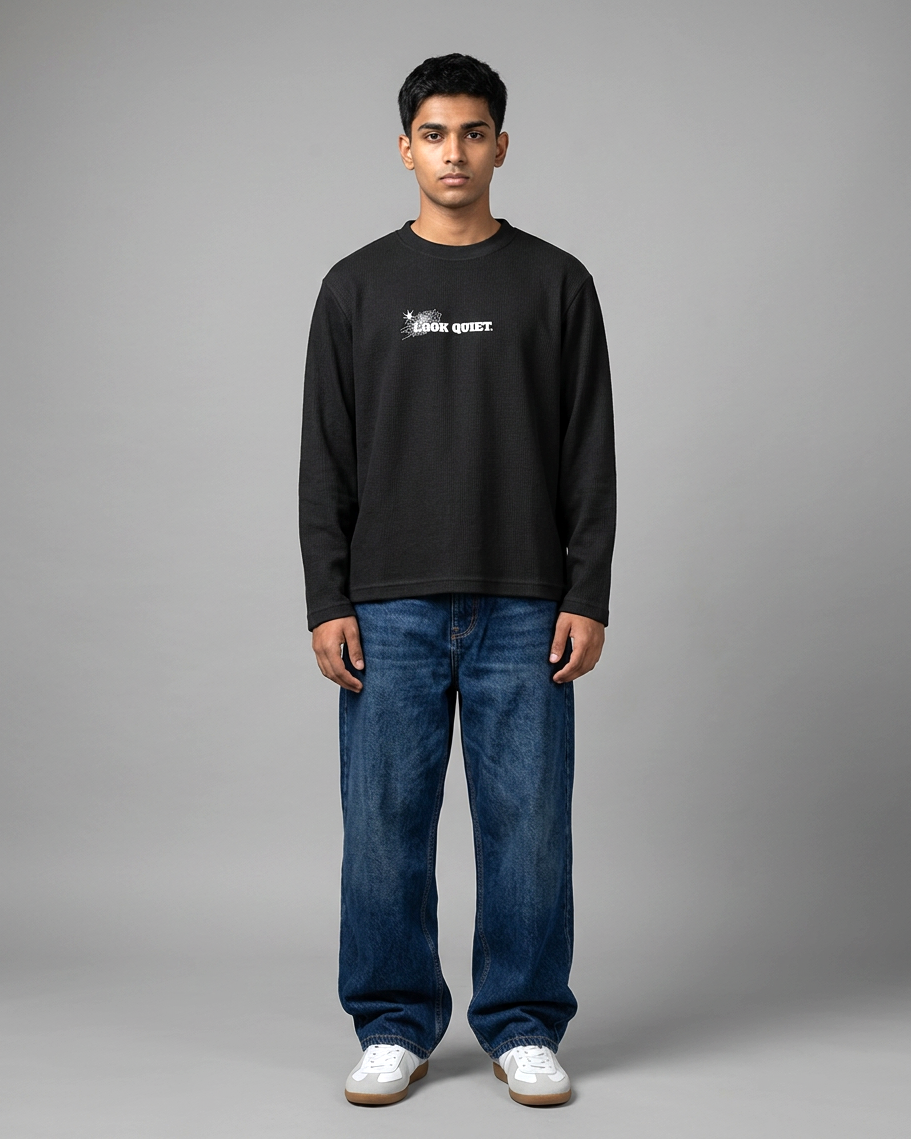 Look Quiet Spider Tee | 240 GSM Cotton Waffle Knit Black Oversized Full-Sleeve Graphic Tee
