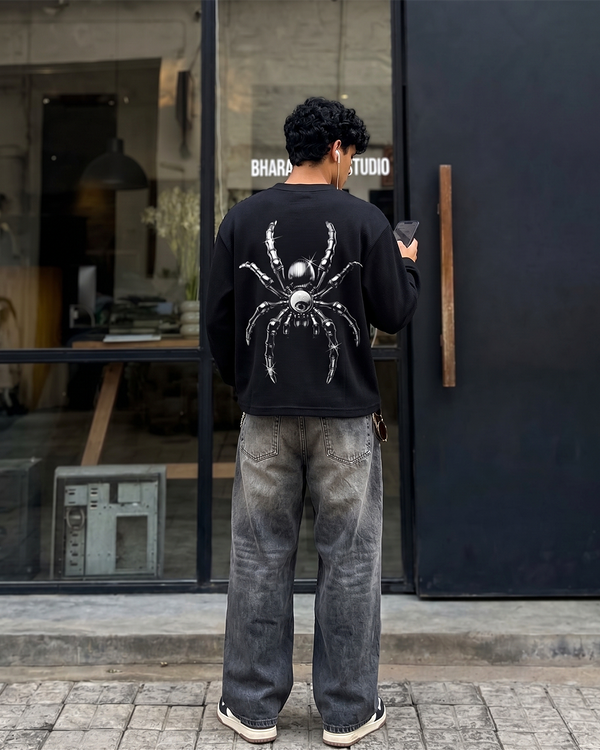 Look Quiet Spider Tee | 240 GSM Cotton Waffle Knit Black Oversized Full-Sleeve Graphic Tee