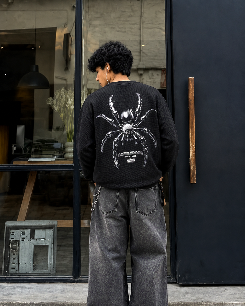 Look Quiet Spider Tee | 240 GSM Cotton Waffle Knit Black Oversized Full-Sleeve Graphic Tee