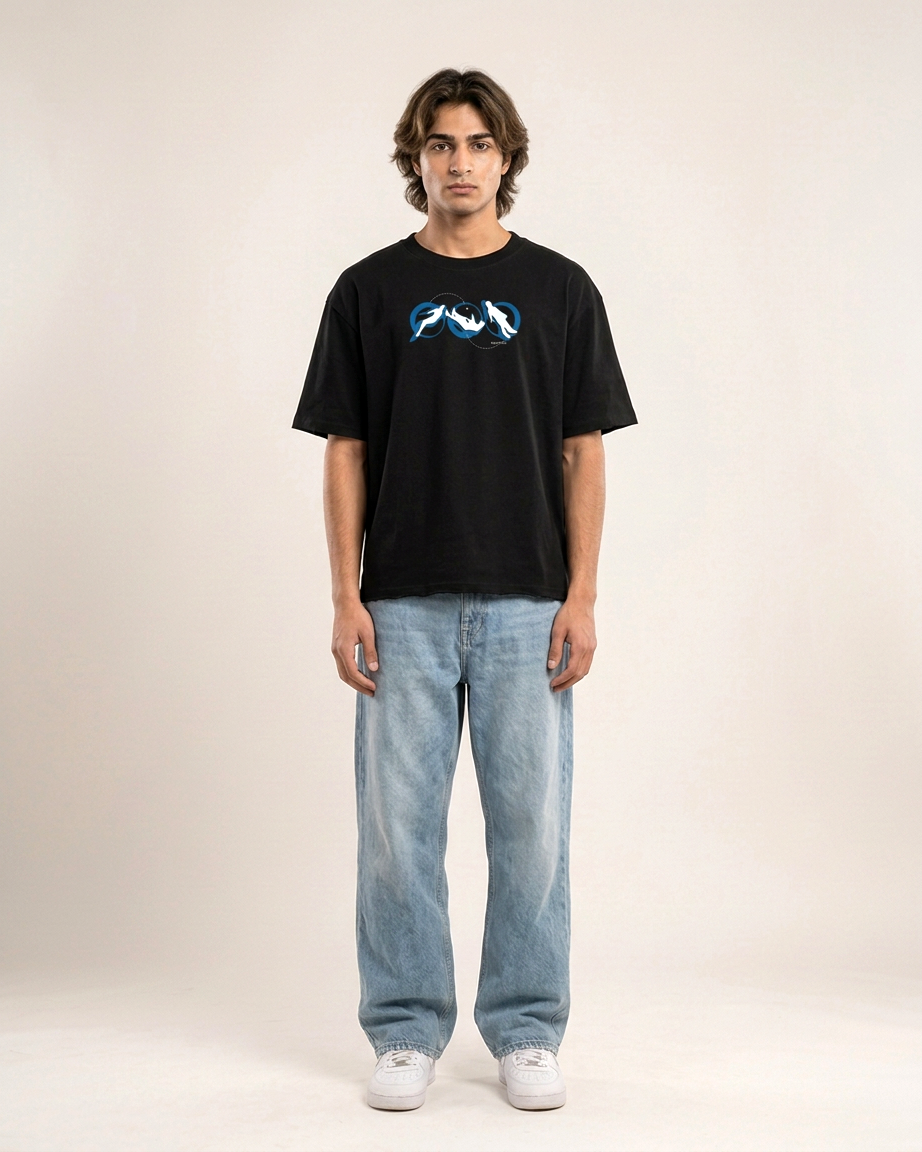 Lost In Space Black Boxy Fit T-Shirt | 240 GSM French Terry Black Graphic Tee