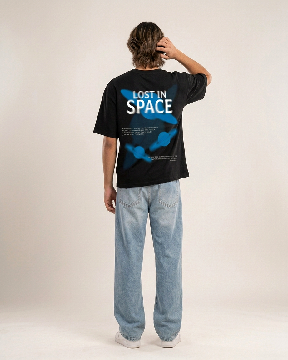 Lost In Space Black Boxy Fit T-Shirt | 240 GSM French Terry Black Graphic Tee