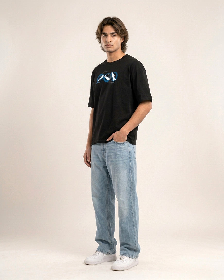 Lost In Space Black Boxy Fit T-Shirt | 240 GSM French Terry Black Graphic Tee