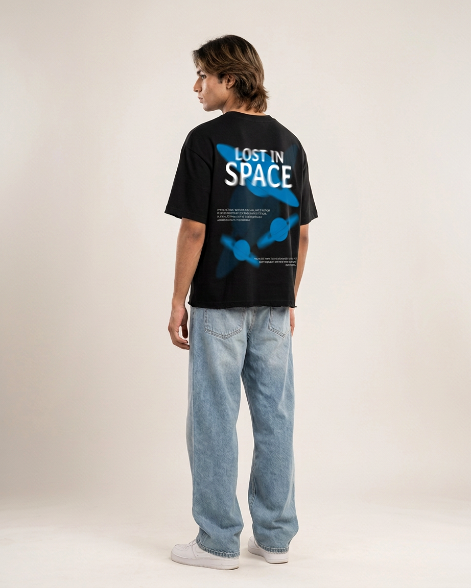 Lost In Space Black Boxy Fit T-Shirt | 240 GSM French Terry Black Graphic Tee