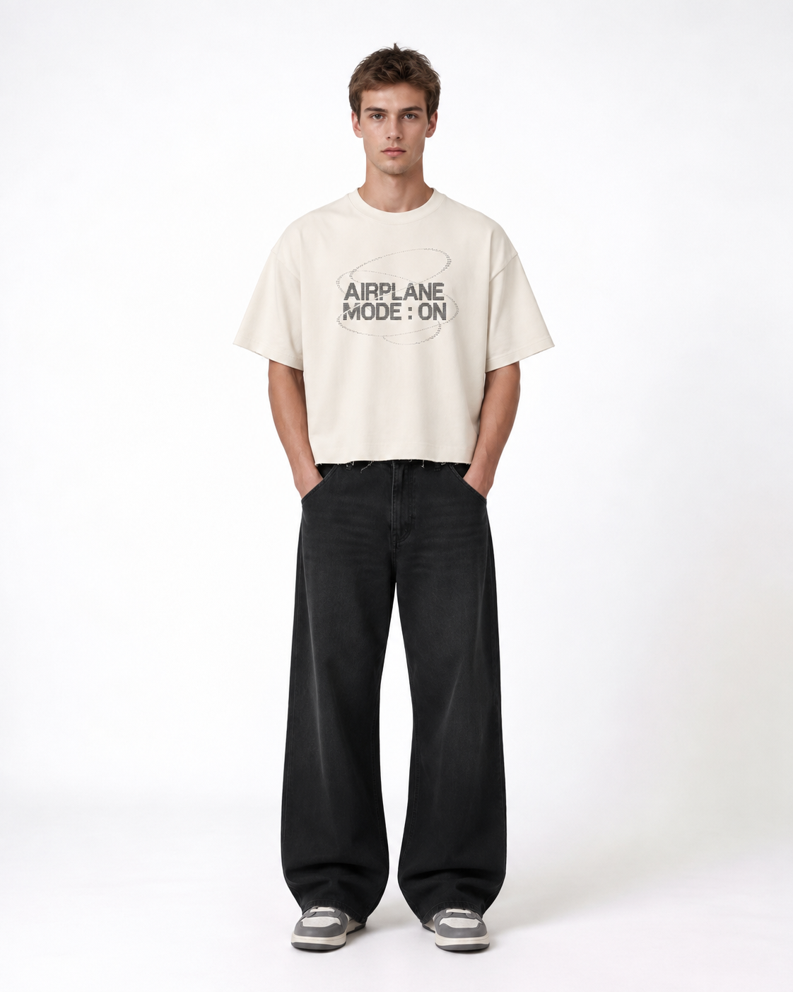 Airplane Mode Off-White Boxy Fit T-Shirt | 240 GSM French Terry Cotton Graphic Tee