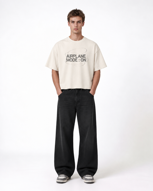Airplane Mode Off-White Boxy Fit T-Shirt | 240 GSM French Terry Cotton Graphic Tee