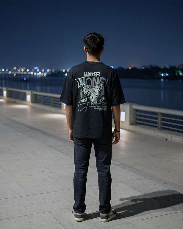 Money Game Black Oversized T-Shirt | 240 GSM French Terry Cotton Graphic Tee