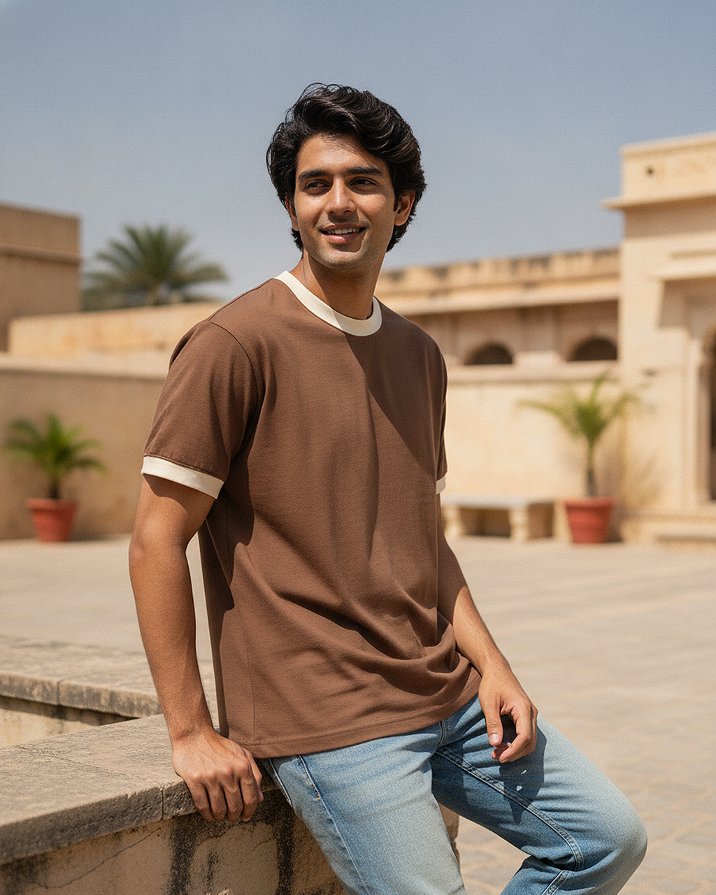 Man wearing a Mousse & Cream Ringer T-Shirt and blue jeans standing outdoors with a building and palm trees in the background.