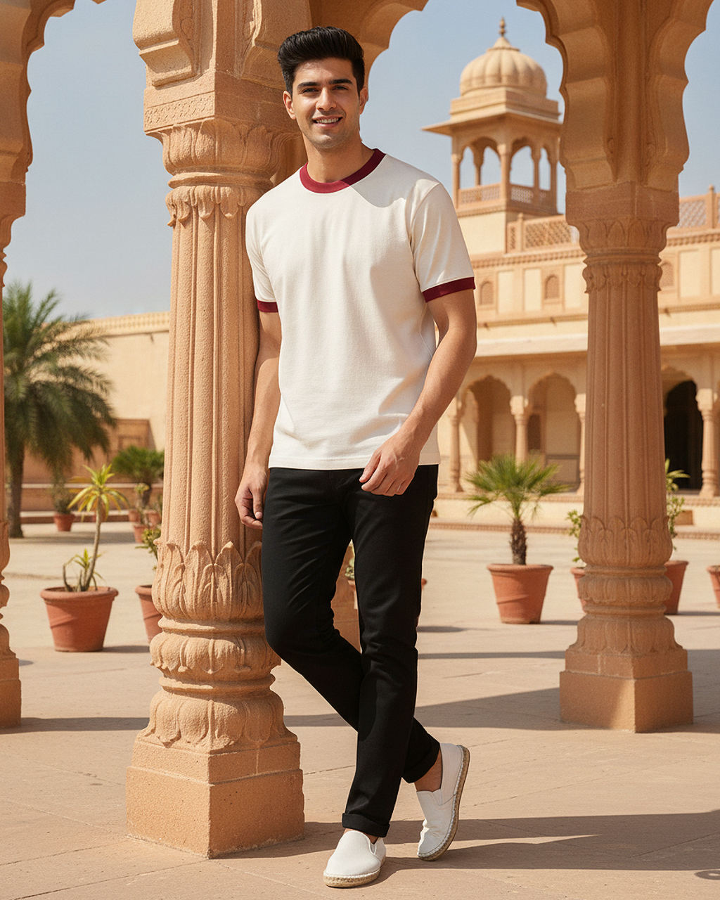 Off White & Maroon Ringer T-Shirt | 220 GSM 96% Cotton Lycra Ringer Tee