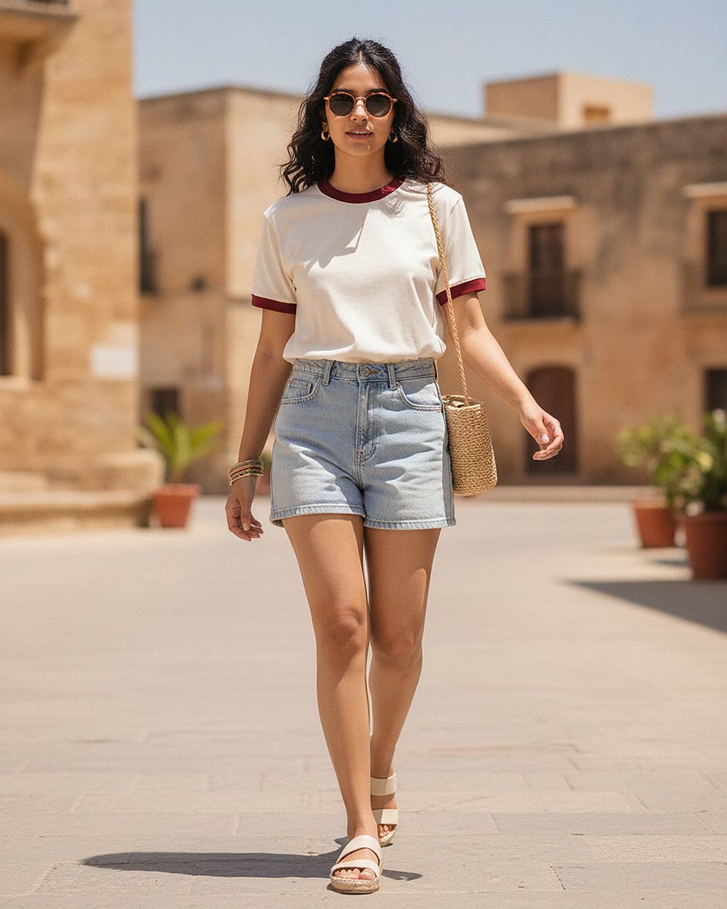 Woman walking outdoors in a sunny urban setting wearing a Off White & Maroon Ringer T-Shirt with red trim, denim shorts, and sandals.