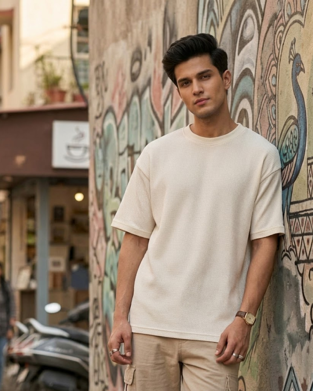 Off-White Waffle Boxy Fit T-Shirt | 240 GSM Waffle Knit Cotton Boxy Fit Tee