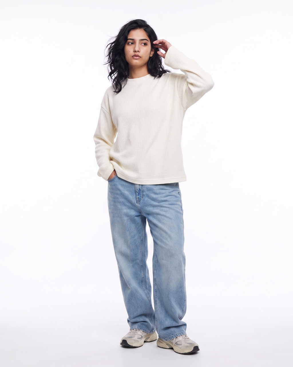 Off-White Waffle Knit Oversized Full-Sleeve T-Shirt | 240 GSM Waffle Knit Cotton Oversized Tee
