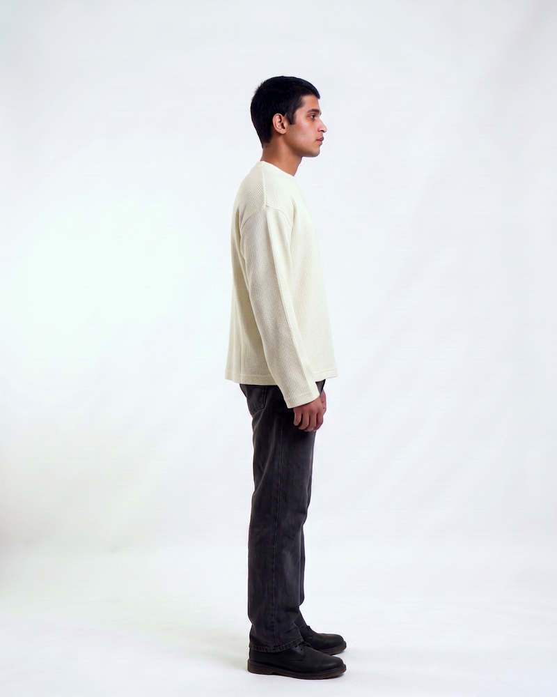 Off-White Waffle Knit Oversized Full-Sleeve T-Shirt | 240 GSM Waffle Knit Cotton Oversized Tee