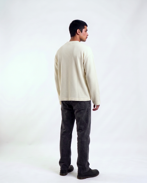 Off-White Waffle Knit Oversized Full-Sleeve T-Shirt | 240 GSM Waffle Knit Cotton Oversized Tee