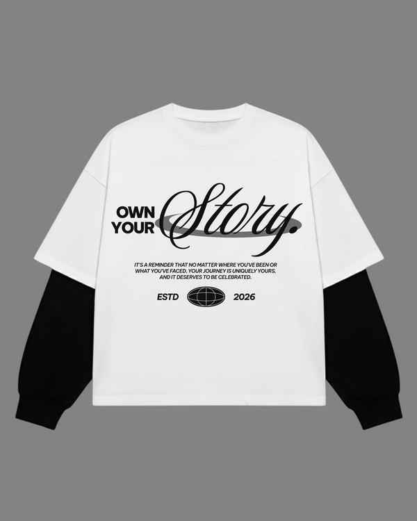 Own Your Story White With Black Sleeve Oversized T-Shirt | 240 GSM French Terry Cotton Graphic Tee