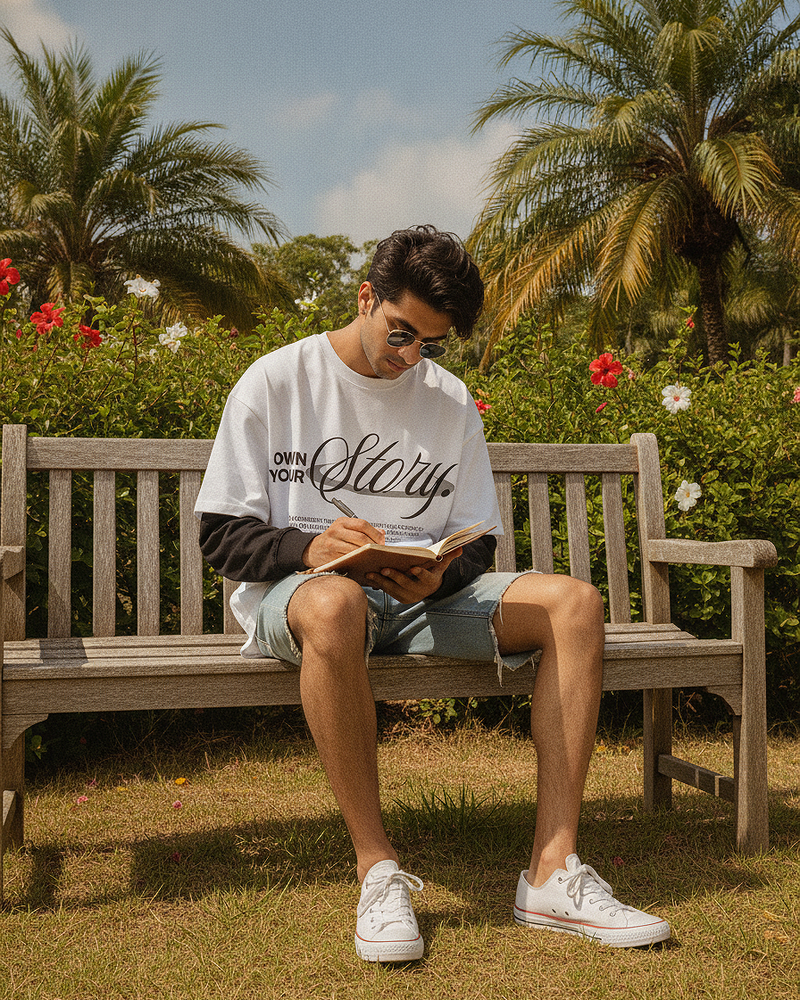 Own Your Story White With Black Sleeve Oversized T-Shirt | 240 GSM French Terry Cotton Graphic Tee