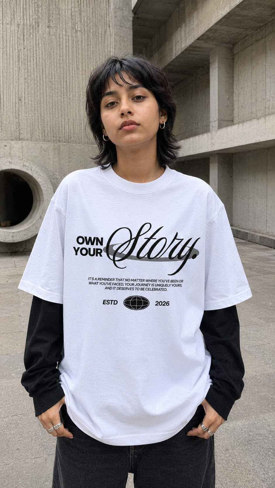 A person wearing a Scrollfit white graphic T-shirt layered over a black long-sleeve shirt, standing outdoors in front of a concrete architectural structure. The T-shirt has black printed text reading 'OWN YOUR Story' and smaller text below.