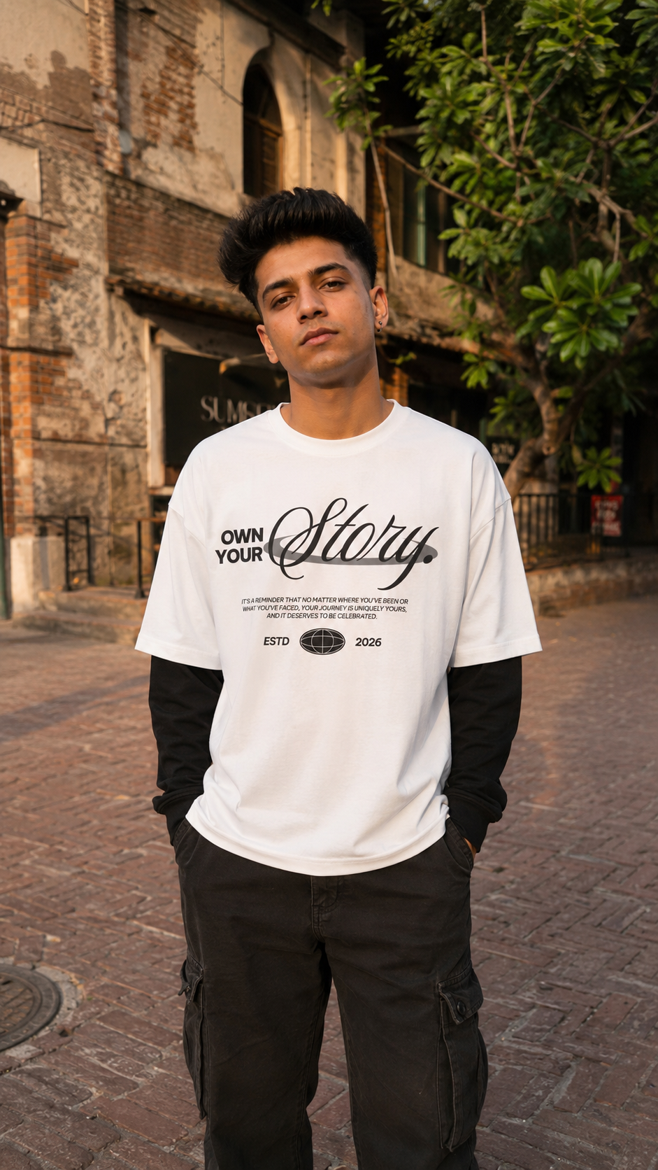 A man wearing a Scrollfit white graphic t-shirt with black text and a black long-sleeve undershirt, standing on a cobblestone street in front of a rustic brick building.
