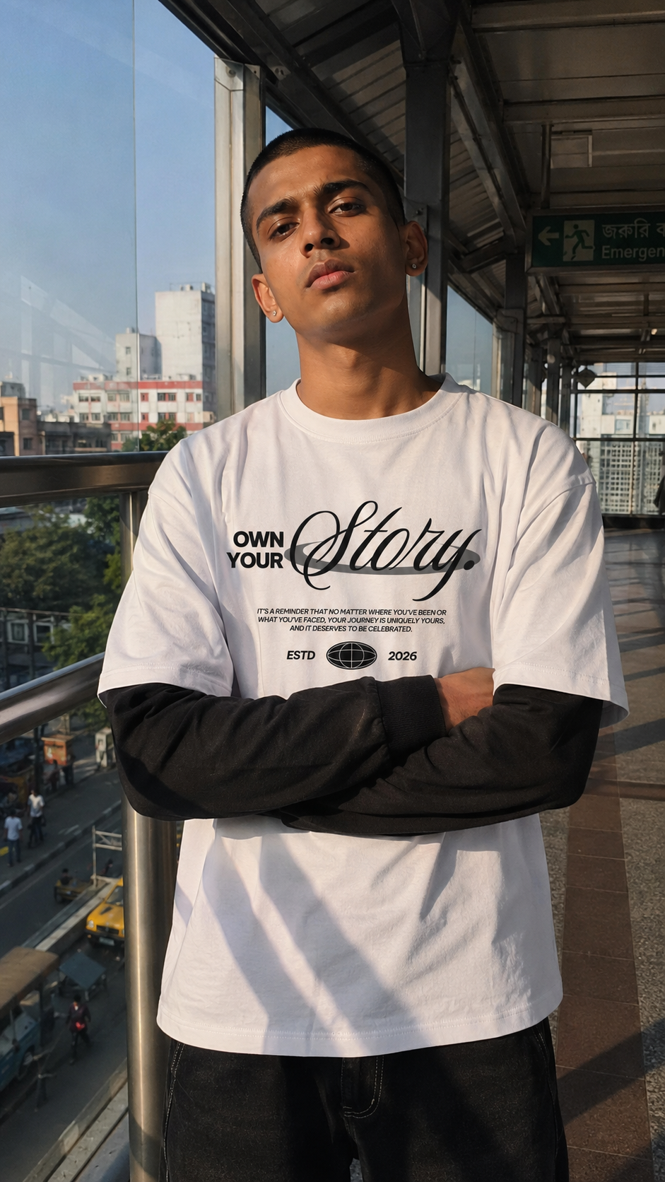 A man wearing a white Scrollfit graphic t-shirt with a black long-sleeve undershirt, standing on an outdoor elevated walkway with a city background.