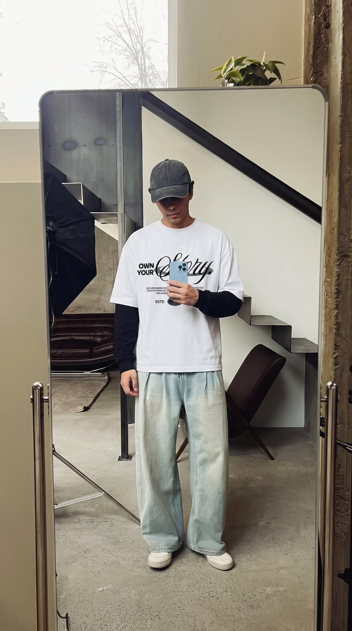 A person taking a mirror selfie in an indoor room, wearing a Scrollfit white graphic t-shirt with black and blue lettering, a dark gray baseball cap, a black long-sleeve shirt underneath, light blue wide-leg jeans, and white sneakers.