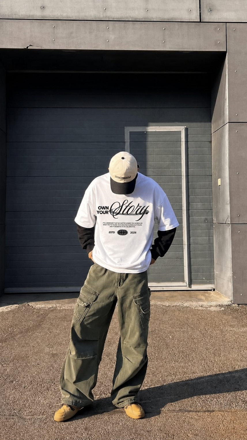 A person stands outdoors in front of a gray concrete building, wearing a Scrollfit white graphic T-shirt over a black long-sleeve shirt, olive green cargo pants, and tan boots. The T-shirt has black script text reading 'Own Your Story' and smaller text below.