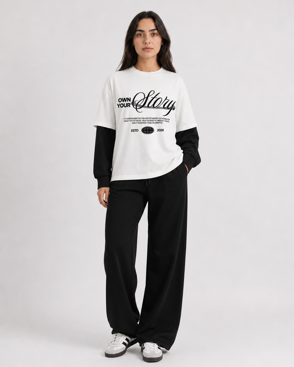 Own Your Story White With Black Sleeve Oversized T-Shirt | 240 GSM French Terry Cotton Graphic Tee