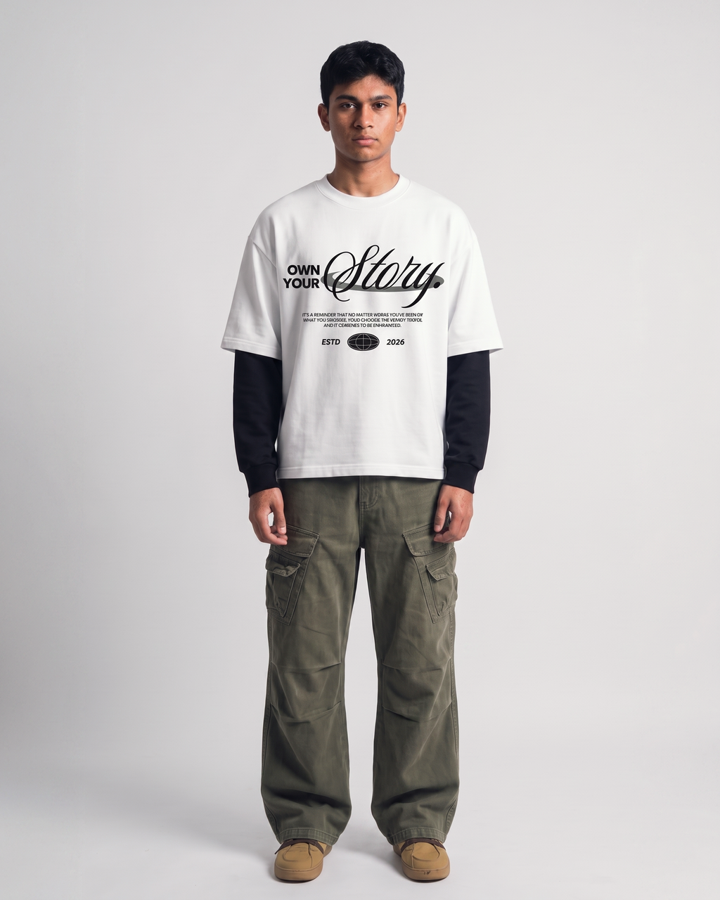 Own Your Story White With Black Sleeve Oversized T-Shirt | 240 GSM French Terry Cotton Graphic Tee