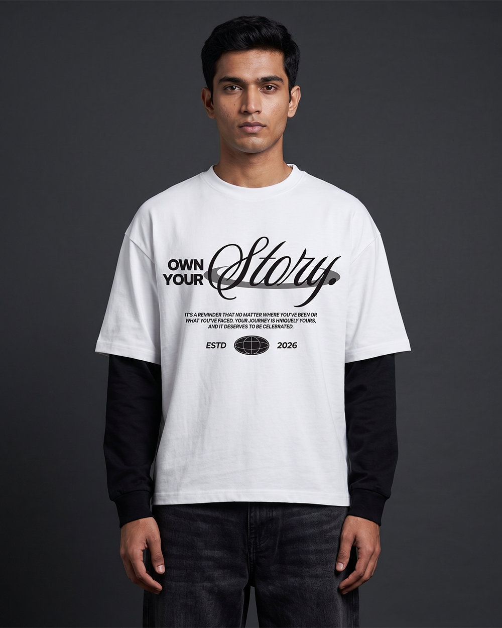 Own Your Story White With Black Sleeve Oversized T-Shirt | 240 GSM French Terry Cotton Graphic Tee