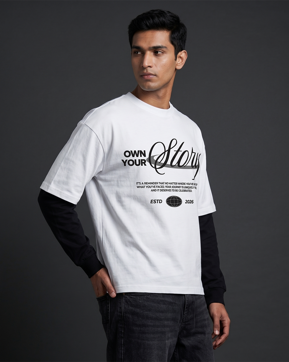 Own Your Story White With Black Sleeve Oversized T-Shirt | 240 GSM French Terry Cotton Graphic Tee