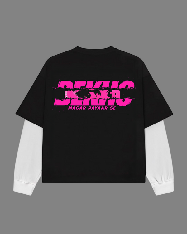 Piche To Dekho Black With White Sleeve Oversized T-Shirt | 240 GSM French Terry Cotton Graphic Tee