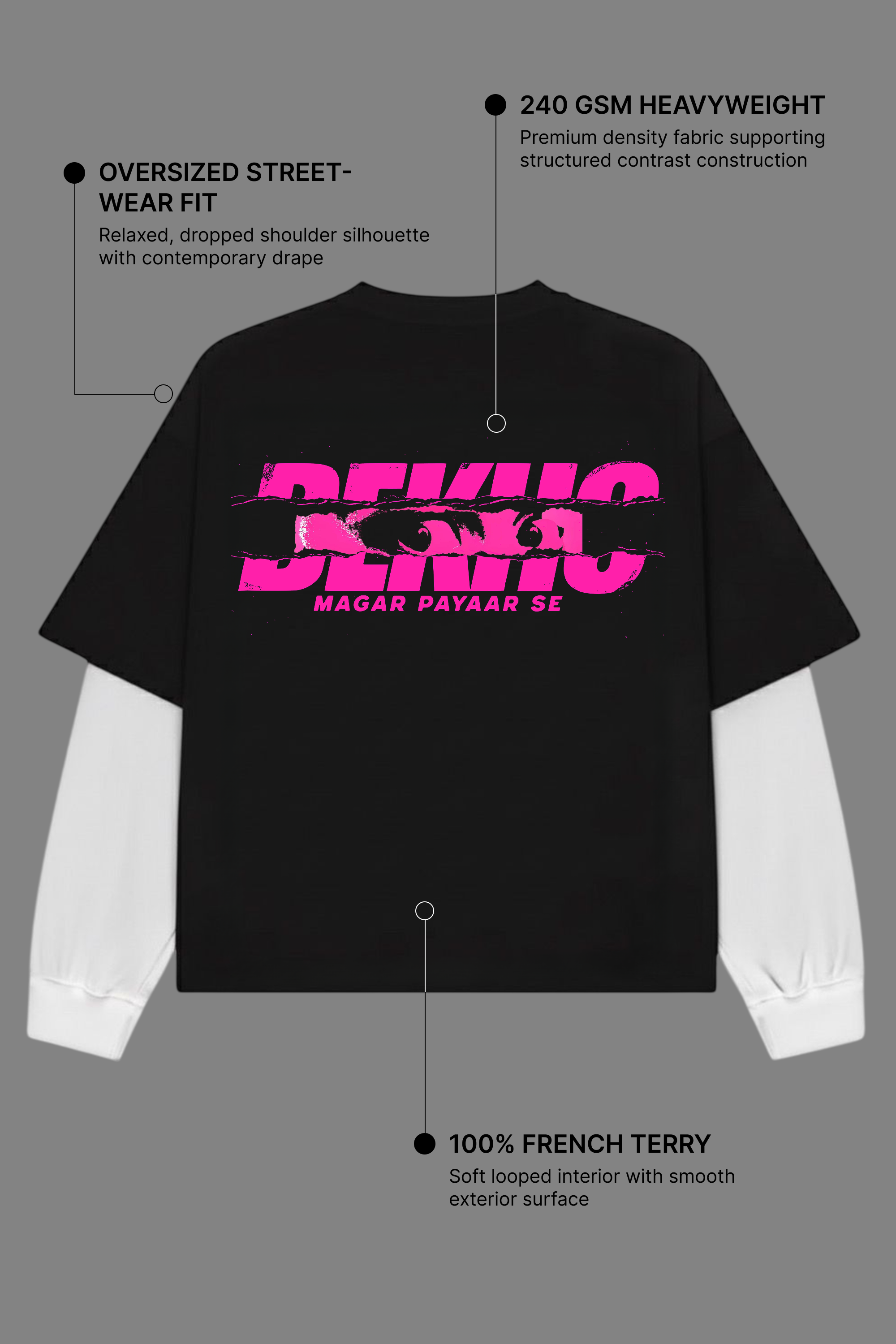 Piche To Dekho Black With White Sleeve Oversized T-Shirt | 240 GSM French Terry Cotton Graphic Tee